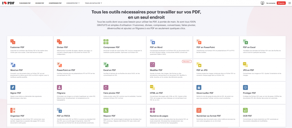 Interface du site Web d'ilovePDF.